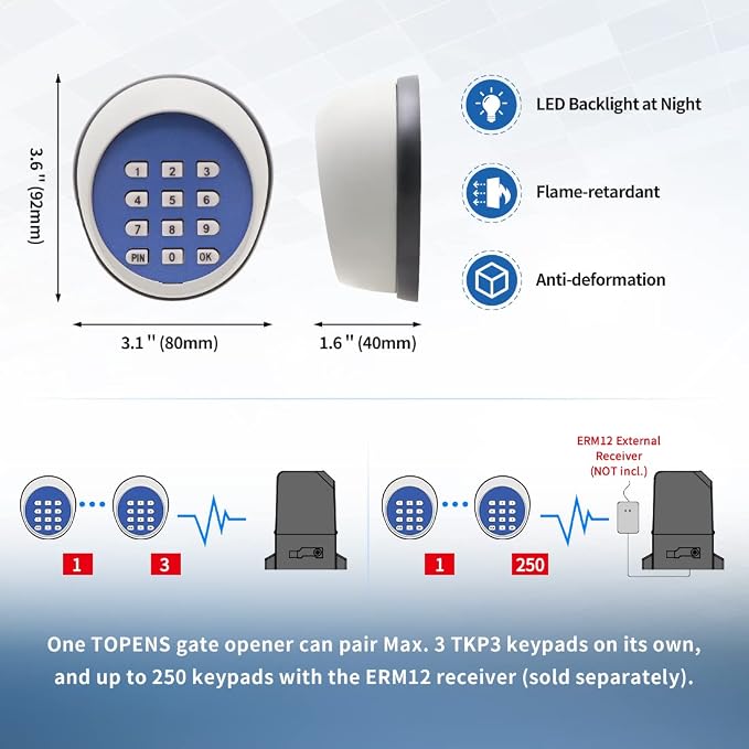 TOPENS TKP3 Wireless Keyless Entry Keypad | For Automatic Swing Sliding Gate Opener and Garage Door Opener, Digital Code Panel, Security Control, Outdoor Use
