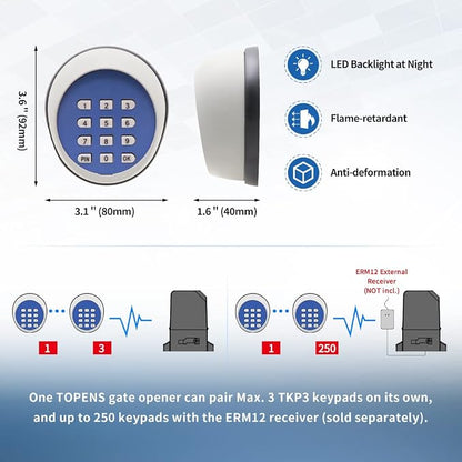 TOPENS TKP3 Wireless Keyless Entry Keypad | For Automatic Swing Sliding Gate Opener and Garage Door Opener, Digital Code Panel, Security Control, Outdoor Use