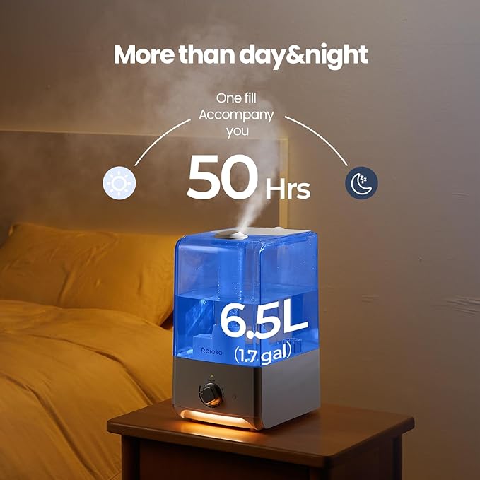 Humidifiers for Bedroom Large Room, Top Fill 6.5L Cool Mist Humidifier, 45H Runtime, 28dB Quiet Ultrasonic Air Humidifier for Home, Whole House, Baby Nursery, Night Light (White)