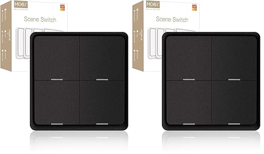 MOES Wireless Smart Scene Switch Button, Require MOES HUB, Zigbee Connection Tuya Battery Powered Included 12 Scene Controller for Smart Home Automation 4 Gang Black (Pack of 2)