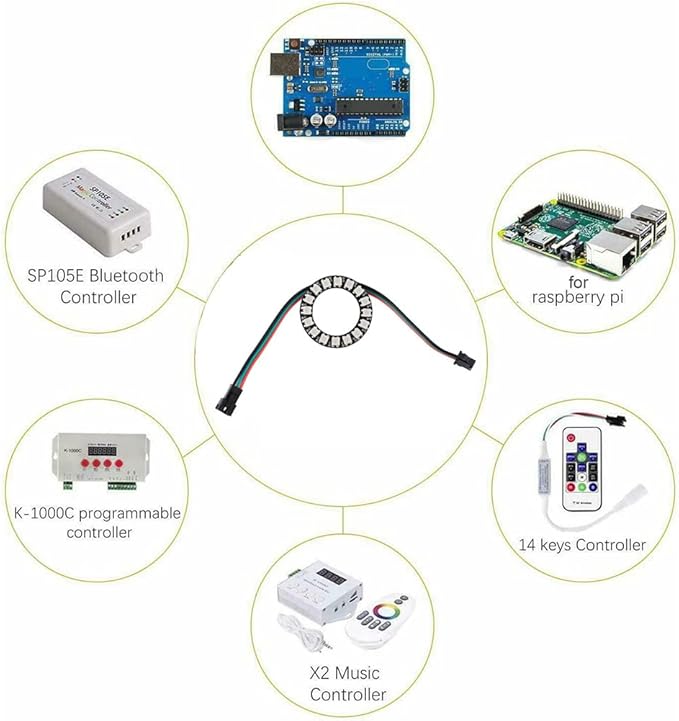 16 Bits WS2812 LED Ring with SM2.54-3P Plug Wire, WS2812B 5050 Addressable RGB LED Module DC5V with Built-in Drivers Individually Programmable for Arduino Raspberry Pi ESP8266 Nodemcu