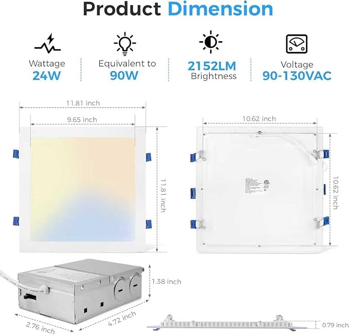 HONZIN 2 Pack 12 Inch Square Recessed Lighting, 5CCT Ultra-Thin LED Downlight, 2700K/3000K/3500K/4000K/5000K Selectable, Dimmable, 24W, IC Rated Canless Ceiling Lights with Junction Box, White Trim