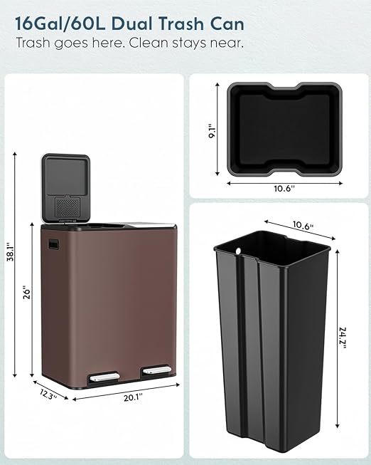 Arlopu 16Gal Dual Trash Can w/2 Built-in Box for Odor Control, Hands-Free Kitchen Garbage Bin, Recycle Waste Dustbin, Soft-Close Lid, 2 Buckets,Foot Pedal, Side Handle, Airtight,for Home (Brown)