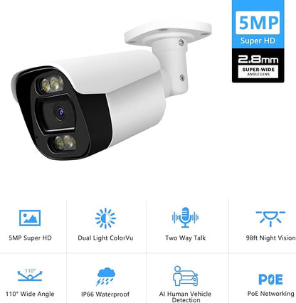 5MP PoE IP Bullet Camera Outdoor, Full Color Security IP Camera with Smart Dual Light, Two Way Talk, 98ft Night Vision, 110°Wide Angle, Human/Vehicle Detection