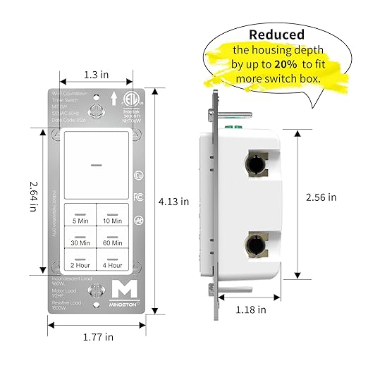 Minoston Countdown Timer Switch, WiFi Timer Switch for Bathroom Fans and Lights, 10-20-30-60 min/2-4 Hour, Neutral Wire Needed, 15A, 1/2HP/120VAC, ETL Listed, White (MT10W)