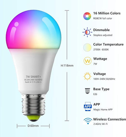Smart Light Bulbs, WiFi & Bluetooth 5.0, Work with Alexa Google Assistant, App Control, Color Changing LED Bulb, E26 800LM Dimmable RGB Lights, Smart Home Lighting, Dimmable, 4Pack