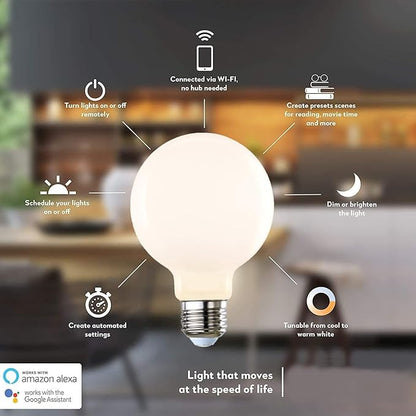 Diodesy- G25 Smart Globe Wifi Light Bulb Milky Finish 5.5W (60W Equivalent) 500 Lumen 2200K-6500K Selectable E26 Medium Base Pack of 4- Compatible with Alexa and Google Home & Control with Voice/App