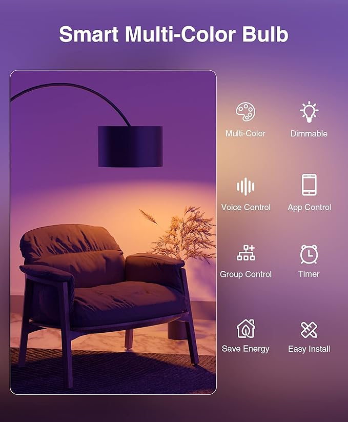 Beantech Smart Bulb, WiFi Light Bulbs, Color Changing Light Bulb, Smart Light Bulbs Work with Alexa & Google Assistant, A19 RGB Alexa Light Bulb, RGB+White, Dimmable LED Light Bulbs, (Pack of 6)