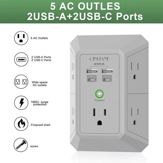 USB Wall Charger, Surge Protector, QINLIANF 5 Outlet Extender with 4 USB Charging Ports(2U2C) 3-Sided 1680J Power Strip Multi Plug Outlets Wall Adapter Spaced for Home Travel Office, Grey