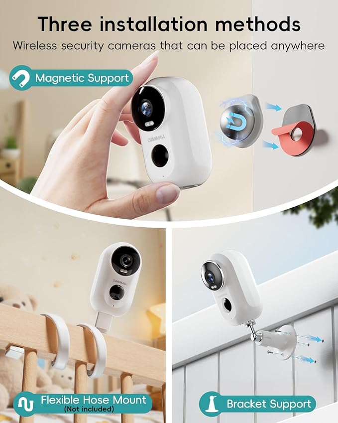 ZUMIMALL Security Cameras Wireless Outdoor with Magnetic Mount, No-Drill Installation, 2K Battery Powered Cameras for Home Security Indoor, 2.4G WiFi, Color Night Vision/130° View/AI Detection/Alexa