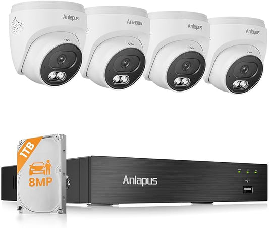 Anlapus 4K Security Camera System, 4Pcs 8MP Wired Dome Cameras, 1TB HDD