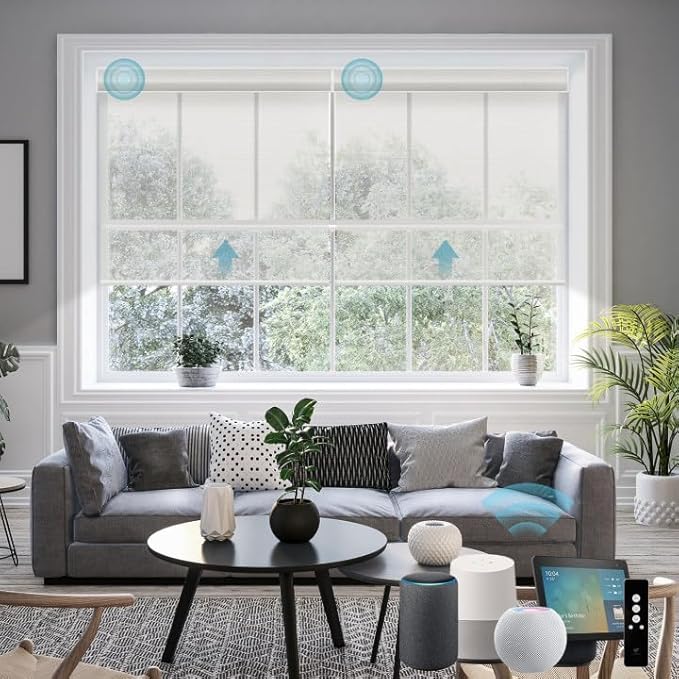 SmartWings Motorized Smart Roller Shades in Light Filtering, Electric Blinds with Remote for Windows Compatible with Alexa/Google Home/Homekit, Customized, PVC Free Pearl 5% Openness