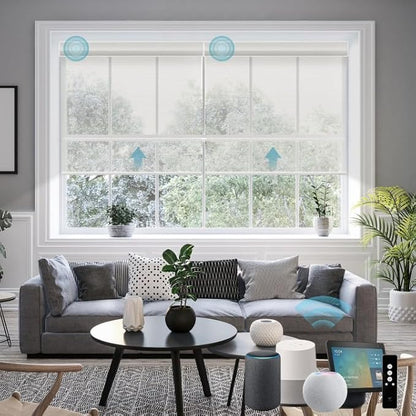 SmartWings Motorized Smart Roller Shades in Light Filtering, Electric Blinds with Remote for Windows Compatible with Alexa/Google Home/Homekit, Customized, PVC Free Pearl 5% Openness
