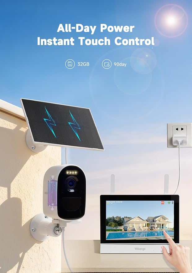 Solar Wireless Security Camera System, 4MP Battery Powered 2-Camera Kit with 7" Touchscreen Monitor, Motion Detection Auto Full-Screen Zoom, Color Night Vision, Compatible with Alexa