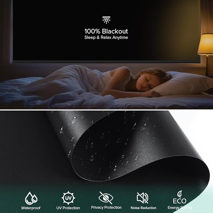 Motorized Roller Shades, 10O% Blackout Waterproof Remote Control Custom Window Shades Work with Alexa Google Assistant via RF Hub, Rechargeable Electric Blinds for Windows (Vinyl Black)