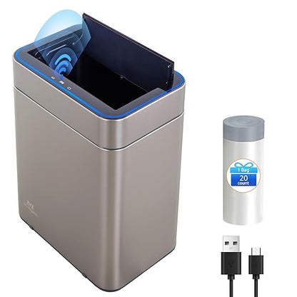 zyz Kitchen Trash Can 13 Gallon / 50L, Automatic Touchless Sensor Garbage Can with Butterfly Lid, USB Rechargeable 2400mAh Battery, Stainless Steel Soft-Close Trash Bin for Home (20 Count Trash Bags)