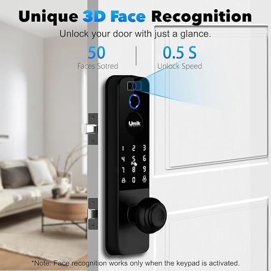 Matter Smart Lock with Camera & Doorbell, 3D Face Recognition Fingerprint WiFi Deadbolt, Keyless Entry Digital Keypad for Apartment, Works with Apple Home, Tuya App Control, Black