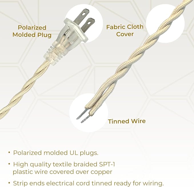 Royal Designs, Inc. 8Ft Twisted Rayon Lamp Cord with NEMA-15P Plug, Rotary Dimmer Switch, Stripped Ends Ready for Wiring, SPT-1 UL Listed, Off-White - Pack of 1