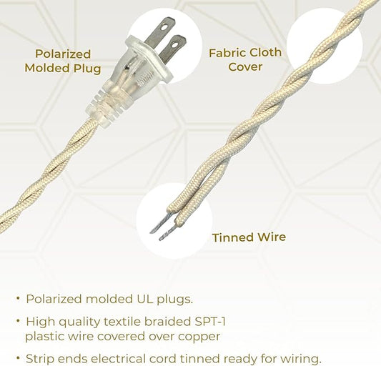 Royal Designs, Inc. 8Ft Twisted Rayon Lamp Cord with NEMA-15P Plug, Rotary Dimmer Switch, Stripped Ends Ready for Wiring, SPT-1 UL Listed, Off-White - Pack of 1