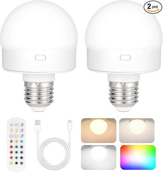 Yochoice Rechargeable Battery Operated Light Bulb with Remote & Timer, Dimmable Backup Magnetic LED Bulb with 15 Colors, Wireless Puck Light Bulb for Wall Sconce Lamps, Non-Hardwired, 2-Pack