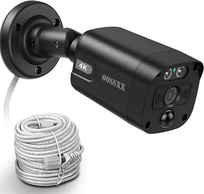 OOSSXX Black 4K IP 8MP PIR POE Extend Camera Outdoor Indoor Video Surveillance Security Waterproof Wired POE Camera