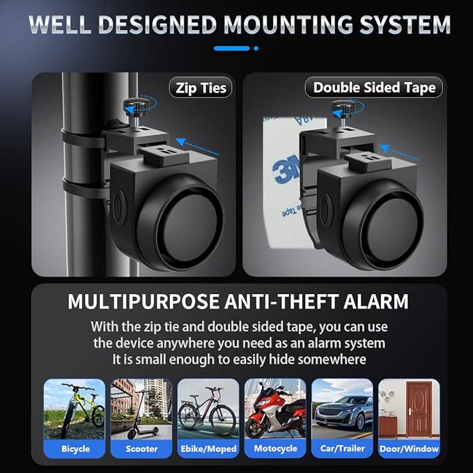 PADONOW Wireless Remote Bike Alarm: 115dB Super Loud Bicycle Vibration Motion Sensor Siren Anti Theft Security System Motorcycle Alarm Waterproof USB-C Rechargeable Multipurpose Vehicle Alert Device