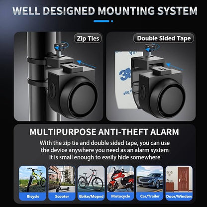 PADONOW Wireless Remote Bike Alarm: 115dB Super Loud Bicycle Vibration Motion Sensor Siren Anti Theft Security System Motorcycle Alarm Waterproof USB-C Rechargeable Multipurpose Vehicle Alert Device