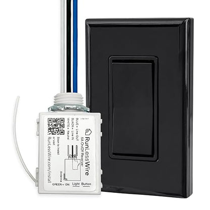 RunLessWire Single Pole Battery-Free DIY Wireless Light Switch Kit 150ft RF Range Self-Powered by Kinetic Energy for Fixtures & Outlets : 1 Remote Switch Controls 1 5A On/Off Receiver Black