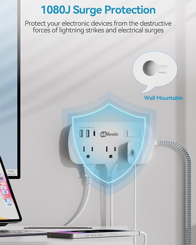 Short Extension Cord 1 ft - Flat Plug Small Power Strip Surge Protetor with 6 Outlets 3 USB (5V/3.4A 17W) Charging Ports, Multi Plug Wall Outlet Splitter for Home Office Dorm Roomc, White