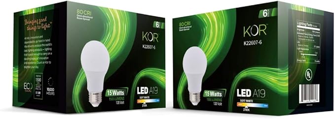 KOR 6 Pack A19 LED Light Bulb, 100W Equivalent, 2700K Warm White, 1500 Lumens, Efficient 15 Watt Replacement Bulbs with E26 Standard Base, 10000 Long Life Hours, Non-Dimmable, 80+ CRI, UL Listed