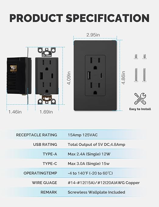 MOES USB Wall Outlet 15 Amp, USB-C and USB-A 24W Charging, Black, 6 Pack