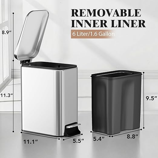 Small Bathroom Trash Can w/Lid Soft Close, 6 Liter/1.6 Gallon Stainless Steel Garbage Can w/Inner Bucket, Trash Bin Waste Basket for Kitchen, Bedroom, Living Room, Office, Toilet, Silver