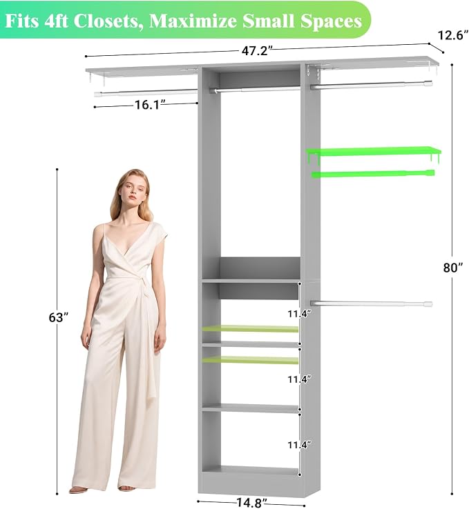 Besiost 4FT Small Closet Organizer System with 4 Hanging Rods & 3 Shelves | 48" Closet System for Small Closets, 80" H Small Closet Organizers and Storage for Bedrooms, Cloakrooms, Gray