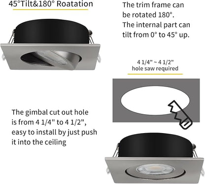 KnLnny Ware Brushed Nickel Square Recessed Lights 4 inch 6 Pack,Gimbal Recessed Lights with Junction Box,dimmable, 5CCT Selectable,9W 750LM