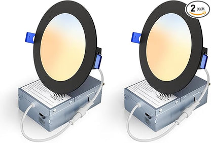 2 Pack 4 Inch 5CCT LED Recessed Light, Silm Canless Recessed Lighting, Dimmable, Damp Rated, 2700K-5000K Selectable, Wafer Ceiling Downlight with Junction Box, 750LM, 9W 120V, Black, ETL&FCC