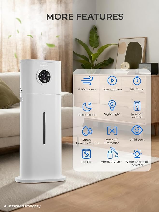 FOHERE 12L Humidifier for Large Room 1000ft², 120H Runtime, 1000ml/h Mist