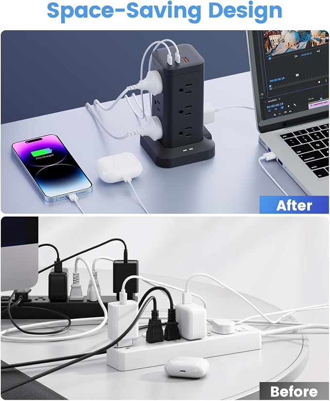 Power Strip Tower with Surge Protector 1800J, Fast Charging Tower PD20W USB-C Ports with 12 AC Outlets, Extension Cord for Home Office Dorm Room, 9.8ft, Black