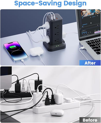 Power Strip Tower with Surge Protector 1800J, Fast Charging Tower PD20W USB-C Ports with 12 AC Outlets, Extension Cord for Home Office Dorm Room, 9.8ft, Black