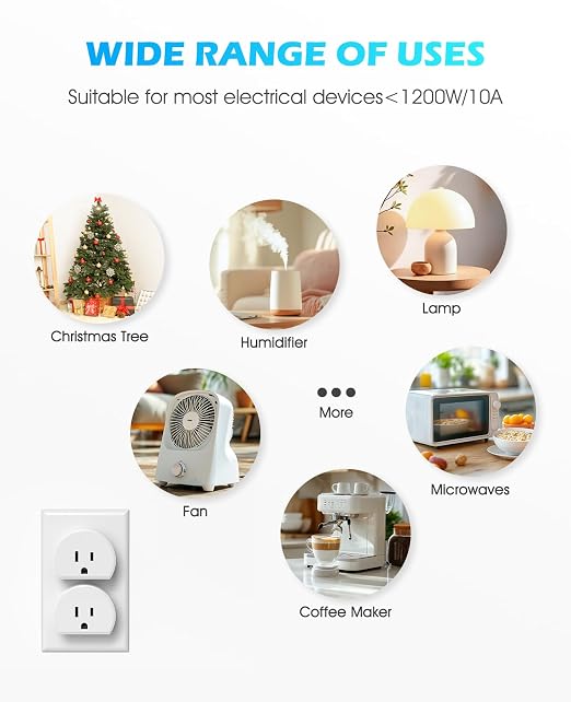 Mini Remote Control Outlet, 10A Wireless Light Switch Plug for Household Appliances, Up to 130 FT Long Range, FCC and ETL Listed