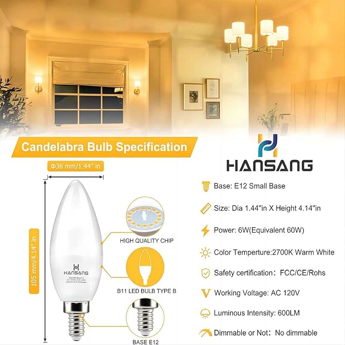 8 Pack E12 LED Candelabra Bulbs 2700K Warm White, 6W 60Watt Equivalent, B11 Ceiling Fan Light Bulbs Small Base, Type B Light Bulb for Chandelier, 600LM, 120V, Non-dimmable