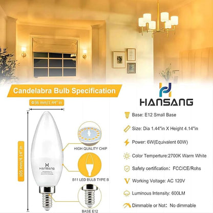 8 Pack E12 LED Candelabra Bulbs 2700K Warm White, 6W 60Watt Equivalent, B11 Ceiling Fan Light Bulbs Small Base, Type B Light Bulb for Chandelier, 600LM, 120V, Non-dimmable