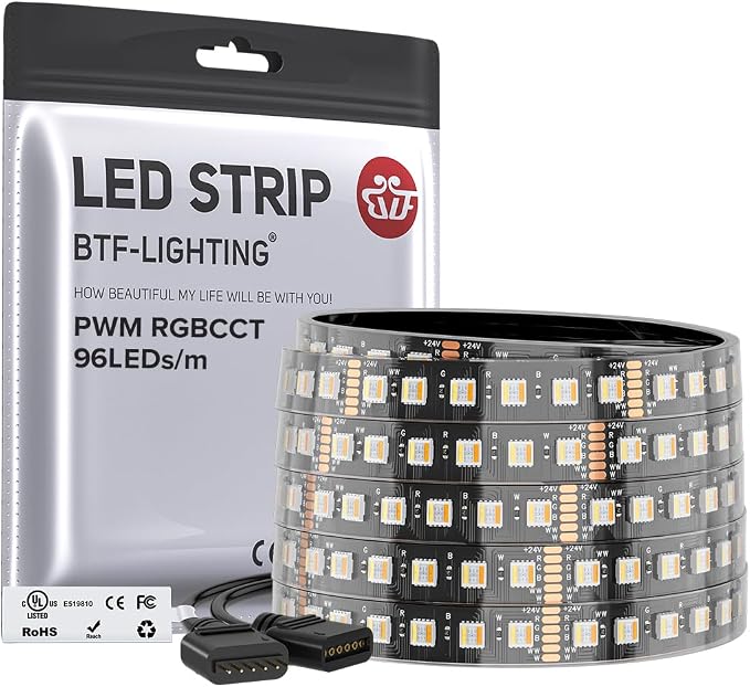 BTF-LIGHTING RGBCCT LED Strip UL Listed 16.4ft 96LED/m 300LED DC24V IP67 | Black LED Tape 12mm wide 5 Colors in 1 RGB+Dimmable Tunable Color Temperature 2700K-6500K for Decor(No Adapter or Controller)