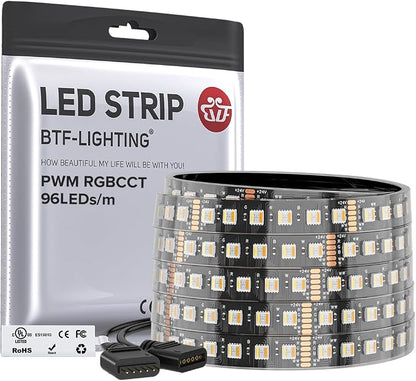 BTF-LIGHTING RGBCCT LED Strip UL Listed 16.4ft 96LED/m 300LED DC24V IP67 | Black LED Tape 12mm wide 5 Colors in 1 RGB+Dimmable Tunable Color Temperature 2700K-6500K for Decor(No Adapter or Controller)