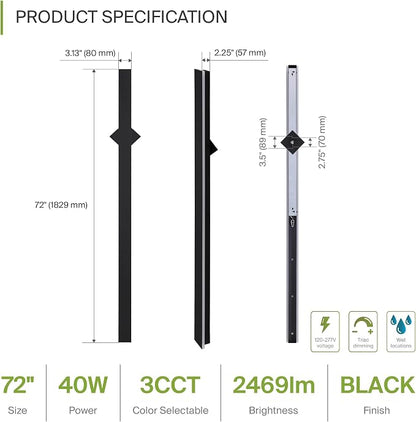 ASD LED 72" Long Wall Mount Light Fixture, Outdoor & Indoor Linear Sconce | 3CCT, Dimmable, Waterproof, Anti-Rust, ETL Listed | 40W 2400LM 3000-5000K 100-277V | Exterior Porch Lighting | Black