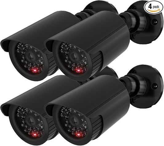 WALI Fake Security Camera with Flashing Red Light, 4 Pack, Black（TC-B4）