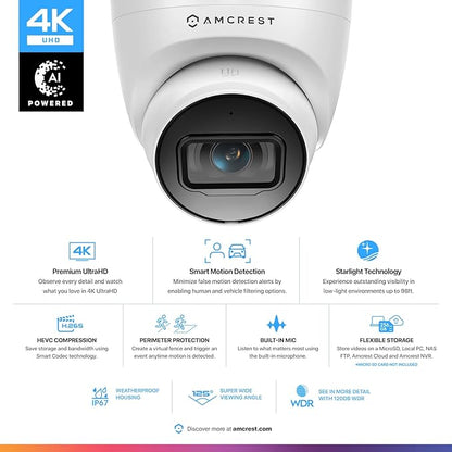 Amcrest Refurbished 4K (8MP) Outdoor Security IP Turret PoE Camera, 3840x2160, Human & Vehicle Detection, 98ft NightVision, 125° FOV, IP67, MicroSD Recording (256GB), REP-IP8M-T2599EW-AI-V3 (White)