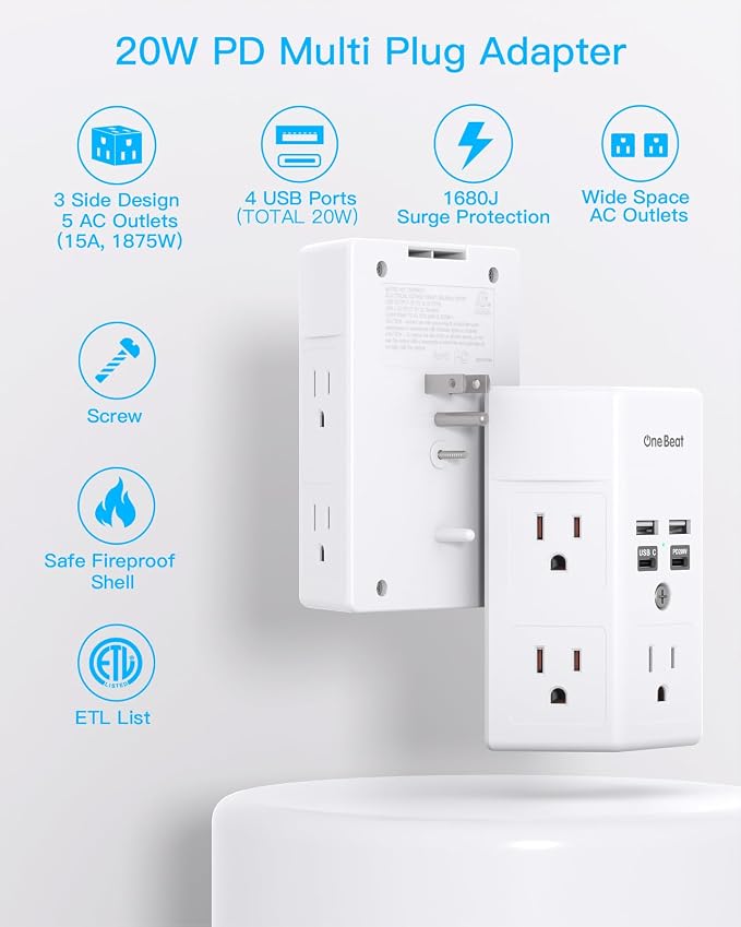 One Beat Surge Protector Wall Outlet Extender, 5 Outlets & 4 USB Ports (20W USB-C PD), 1680J, 3-Sided Multi Plug Outlet Adapter, Outlet Splitter, Wall Mount, ETL Listed for Home Office Travel-White