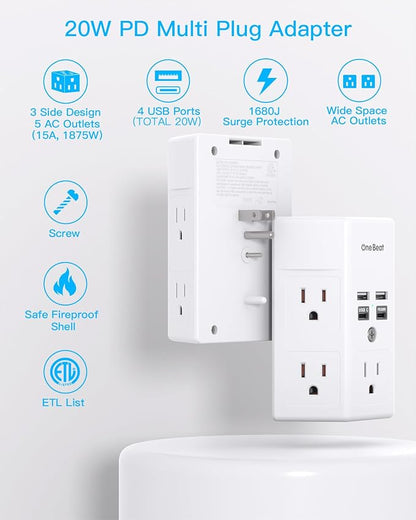 One Beat Surge Protector Wall Outlet Extender, 5 Outlets & 4 USB Ports (20W USB-C PD), 1680J, 3-Sided Multi Plug Outlet Adapter, Outlet Splitter, Wall Mount, ETL Listed for Home Office Travel-White