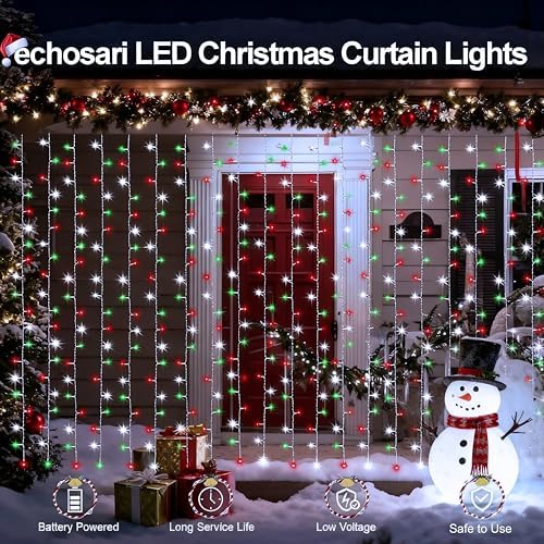 echosari Red White and Green Christmas Curtain Lights Battery Operated