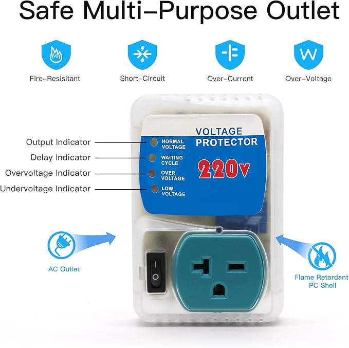 BSEED Surge Protector Outlet, Power Surge Protector for Home Appliances, Adjustable Voltage Regulator, 220V, 4400W, 1 Pack